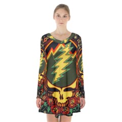 Grateful Dead Steal Your Face Deadhead Hippie Logo Music Long Sleeve Velvet V-neck Dress