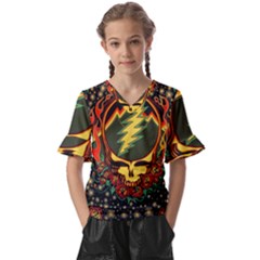 Grateful Dead Steal Your Face Deadhead Hippie Logo Music Kids  V-neck Horn Sleeve Blouse by Perong