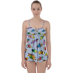 Fish Ocean Sea Water Diving Blue Babydoll Tankini Set by Perong