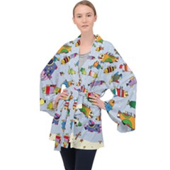 Fish Ocean Sea Water Diving Blue Long Sleeve Velvet Kimono 