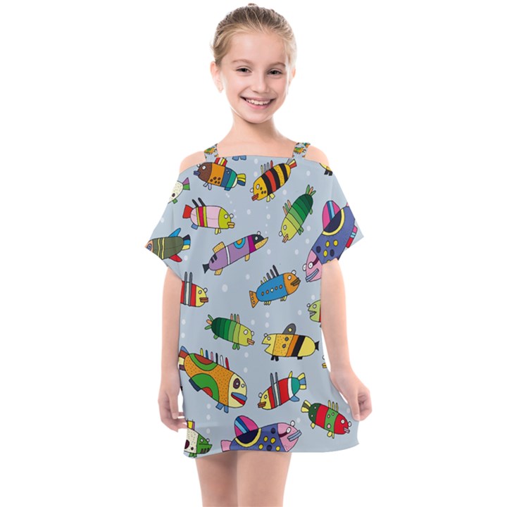 Fish Ocean Sea Water Diving Blue Kids  One Piece Chiffon Dress