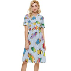 Fish Ocean Sea Water Diving Blue Button Top Knee Length Dress by Perong