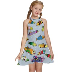 Fish Ocean Sea Water Diving Blue Kids  Halter Collar Waist Tie Chiffon Dress by Perong