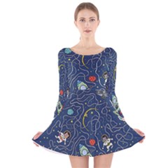 Cat Space Astronaut Rocket Maze Long Sleeve Velvet Skater Dress