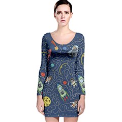 Cat Space Astronaut Rocket Maze Long Sleeve Velvet Bodycon Dress