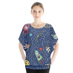 Cat Space Astronaut Rocket Maze Batwing Chiffon Blouse