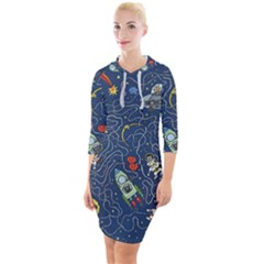 Cat Space Astronaut Rocket Maze Quarter Sleeve Hood Bodycon Dress by Perong