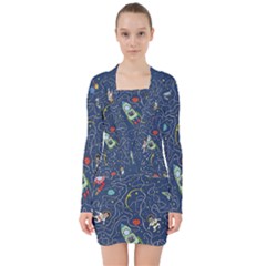 Cat Space Astronaut Rocket Maze V-neck Bodycon Long Sleeve Dress by Perong