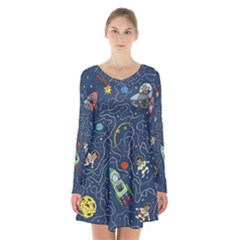 Cat Space Astronaut Rocket Maze Long Sleeve Velvet V-neck Dress