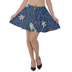 Cat Space Astronaut Rocket Maze Velvet Skater Skirt by Perong