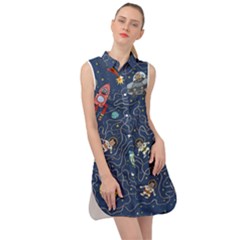 Cat Space Astronaut Rocket Maze Sleeveless Shirt Dress by Perong