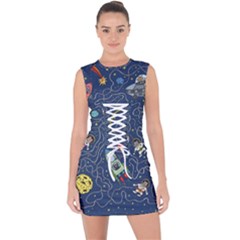 Cat Space Astronaut Rocket Maze Lace Up Front Bodycon Dress by Perong