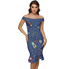 Cat Space Astronaut Rocket Maze Off Shoulder Ruffle Split Hem Bodycon Dress by Perong