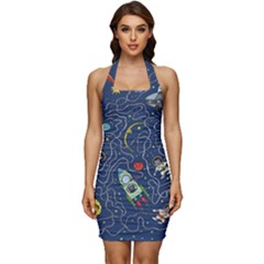 Cat Space Astronaut Rocket Maze Sleeveless Wide Square Neckline Ruched Bodycon Dress by Perong