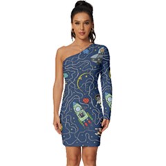 Cat Space Astronaut Rocket Maze Long Sleeve One Shoulder Mini Dress by Perong