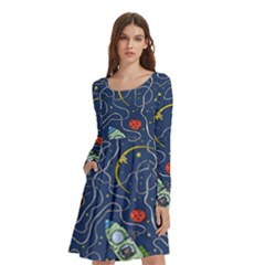 Cat Space Astronaut Rocket Maze Long Sleeve Knee Length Skater Dress With Pockets by Perong