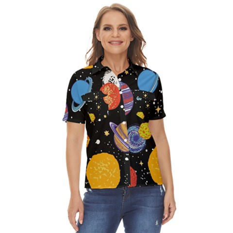 Space Galaxy Art Cute Art Women s Short Sleeve Double Pocket Shirt by Perong