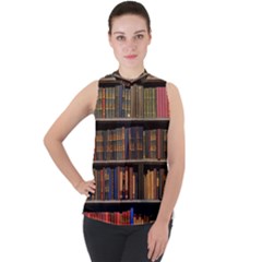 Library Book Mock Neck Chiffon Sleeveless Top by Perong