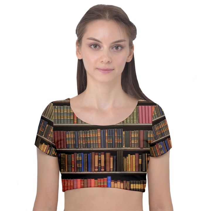 Library Book Velvet Short Sleeve Crop Top 