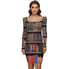 Library Book Women Long Sleeve Ruched Stretch Jersey Dress by Perong