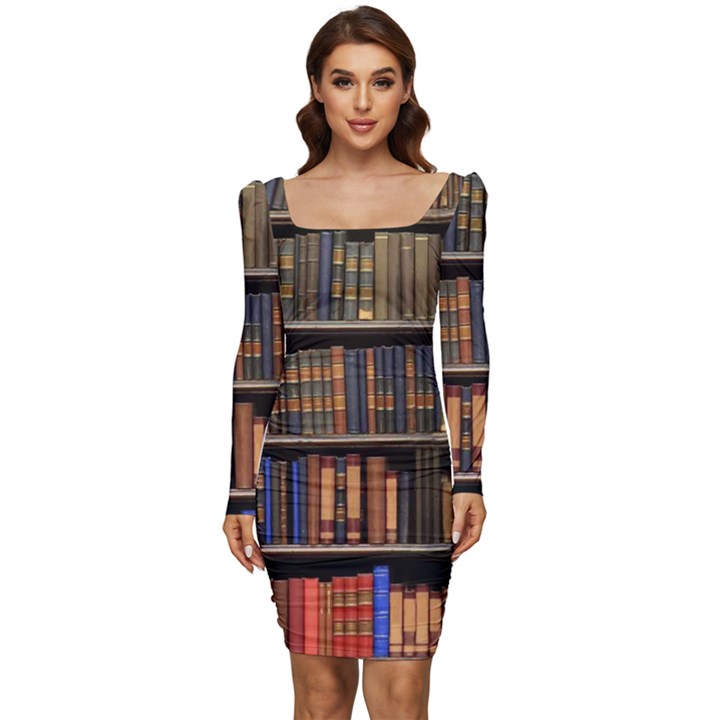 Library Book Women Long Sleeve Ruched Stretch Jersey Dress