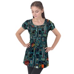 Art Cityscape Japanese Puff Sleeve Tunic Top by Perong