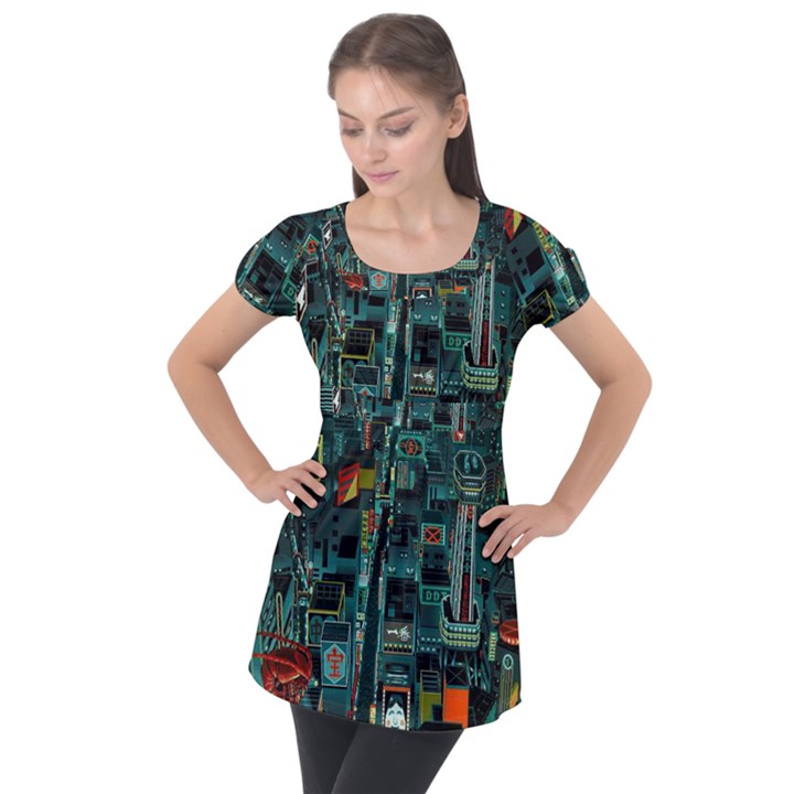 Art Cityscape Japanese Puff Sleeve Tunic Top