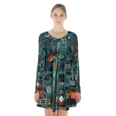 Art Cityscape Japanese Long Sleeve Velvet V-neck Dress