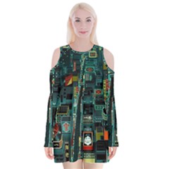 Art Cityscape Japanese Velvet Long Sleeve Shoulder Cutout Dress