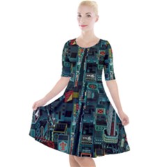 Art Cityscape Japanese Quarter Sleeve A-line Dress With Pockets by Perong