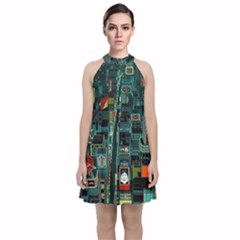 Art Cityscape Japanese Velvet Halter Neckline Dress 