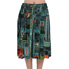 Art Cityscape Japanese Velvet Flared Midi Skirt