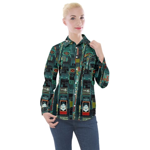 Art Cityscape Japanese Women s Long Sleeve Pocket Shirt by Perong