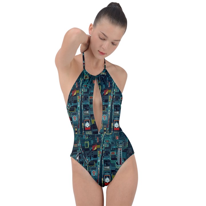 Art Cityscape Japanese Plunge Cut Halter Swimsuit