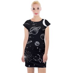 Black Space Drawing Art Planet Drawing Stars Black Space Galaxy Outer Space Cap Sleeve Bodycon Dress by Perong