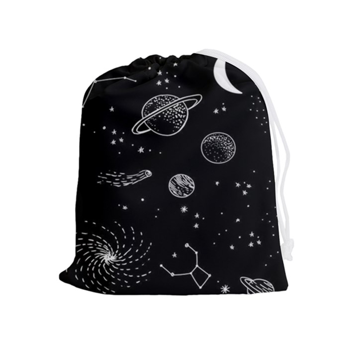 Black Space Drawing Art Planet Drawing Stars Black Space Galaxy Outer Space Drawstring Pouch (XL)