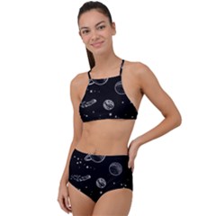 Black Space Drawing Art Planet Drawing Stars Black Space Galaxy Outer Space Halter Tankini Set by Perong