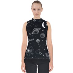 Black Space Drawing Art Planet Drawing Stars Black Space Galaxy Outer Space Mock Neck Shell Top by Perong