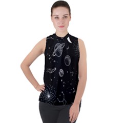 Black Space Drawing Art Planet Drawing Stars Black Space Galaxy Outer Space Mock Neck Chiffon Sleeveless Top by Perong