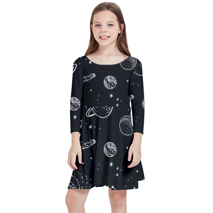 Black Space Drawing Art Planet Drawing Stars Black Space Galaxy Outer Space Kids  Quarter Sleeve Skater Dress