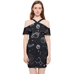 Black Space Drawing Art Planet Drawing Stars Black Space Galaxy Outer Space Shoulder Frill Bodycon Summer Dress by Perong