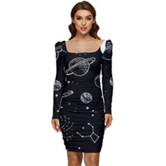 Black Space Drawing Art Planet Drawing Stars Black Space Galaxy Outer Space Women Long Sleeve Ruched Stretch Jersey Dress by Perong