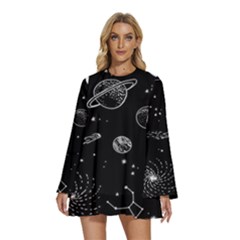 Black Space Drawing Art Planet Drawing Stars Black Space Galaxy Outer Space Round Neck Long Sleeve Bohemian Style Chiffon Mini Dress by Perong