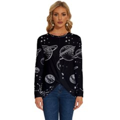 Black Space Drawing Art Planet Drawing Stars Black Space Galaxy Outer Space Long Sleeve Crew Neck Pullover Top by Perong