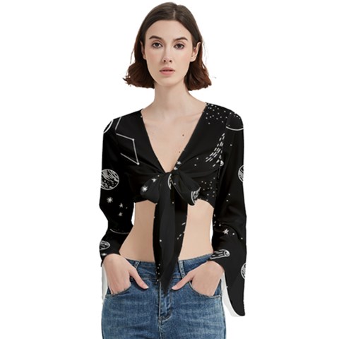 Black Space Drawing Art Planet Drawing Stars Black Space Galaxy Outer Space Trumpet Sleeve Cropped Top by Perong