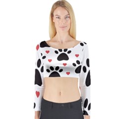 Dog Paw Vector Seamless Pattern With Hearts Long Sleeve Crop Top by Perong