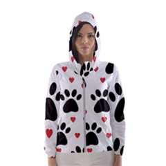 Dog Paw Vector Seamless Pattern With Hearts Women s Hooded Windbreaker