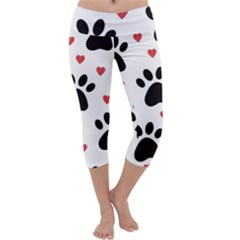 Dog Paw Vector Seamless Pattern With Hearts Capri Yoga Leggings by Perong