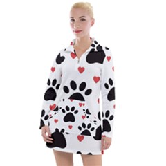 Dog Paw Vector Seamless Pattern With Hearts Women s Long Sleeve Casual Dress by Perong