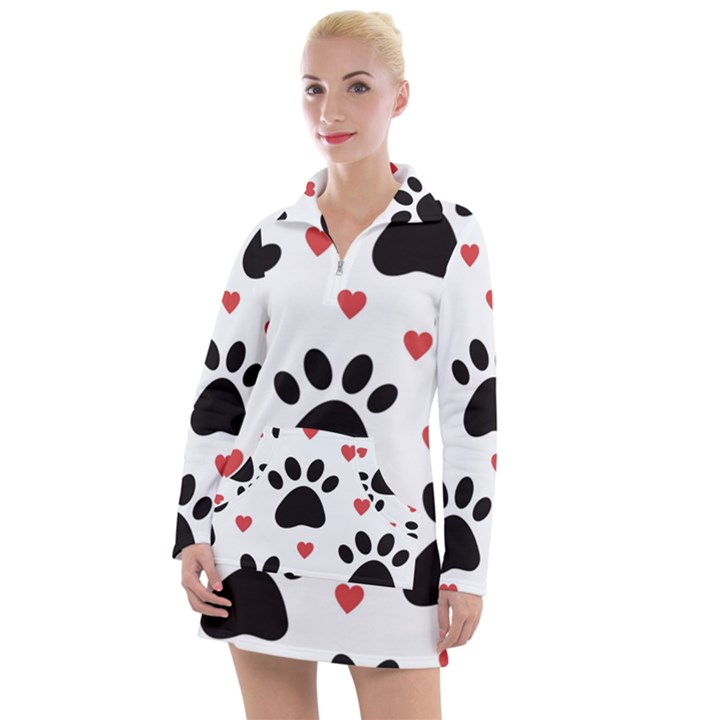 Dog Paw Vector Seamless Pattern With Hearts Women s Long Sleeve Casual Dress